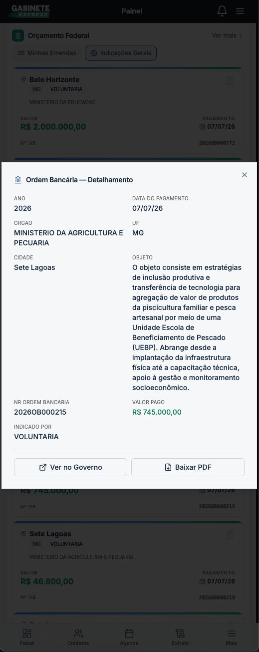 Detalhamento de ordem bancária no Gabinete Express, com órgão, objeto, valor pago e link para o portal do governo