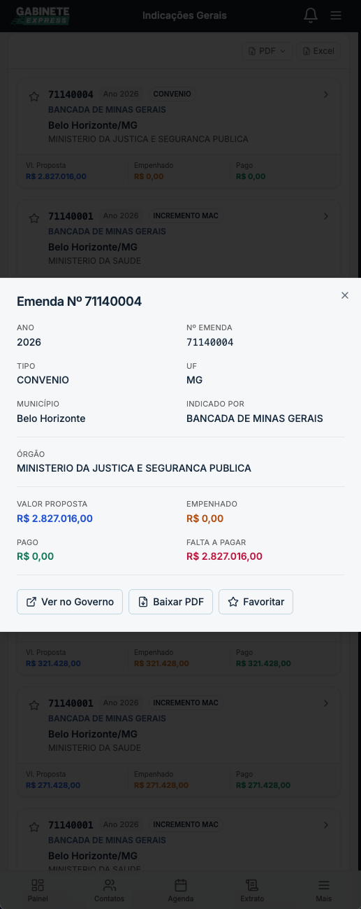 Detalhe de emenda no Gabinete Express, com valores de proposta, empenho, pagamento e falta a pagar
