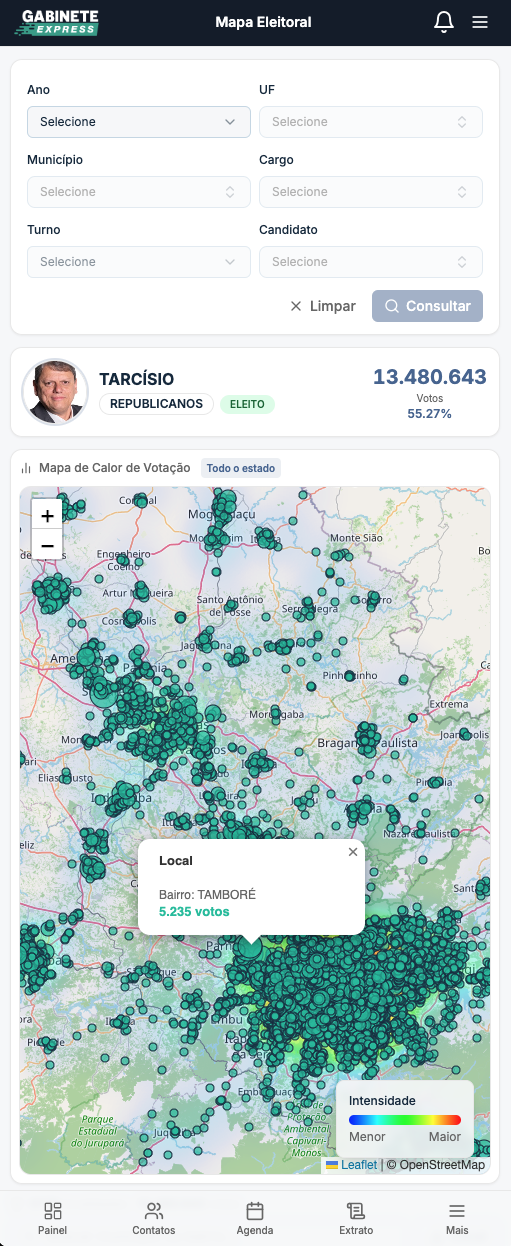 Mapa Eleitoral do Gabinete Express com mapa de calor de votação, votos por bairro e total do candidato